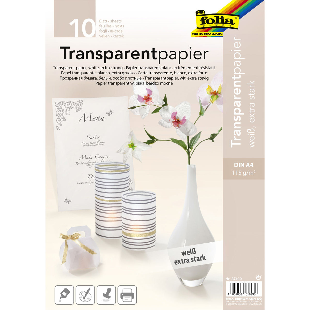 Folia Paper - Papel transparente Folia A4 115gr 10 hojas blanco