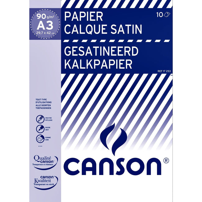 Canson - Carta lucida satinata 10 fogli 90gr A3 traslucido