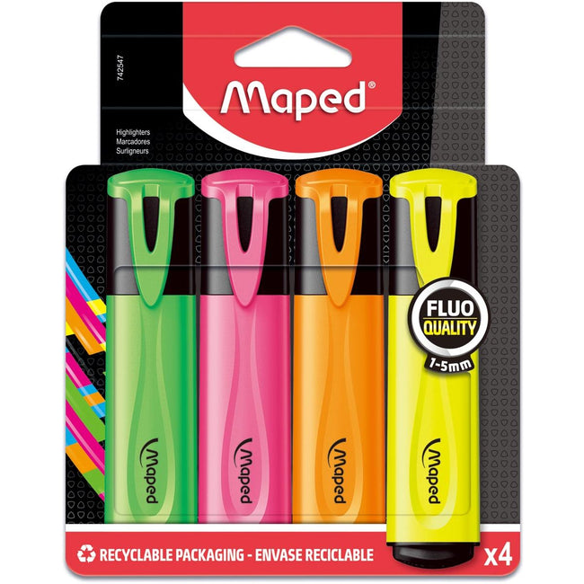 Maped - markeerstift Fluo'Peps Classic etui van 4 stuks: geel, oranje, roze en groen