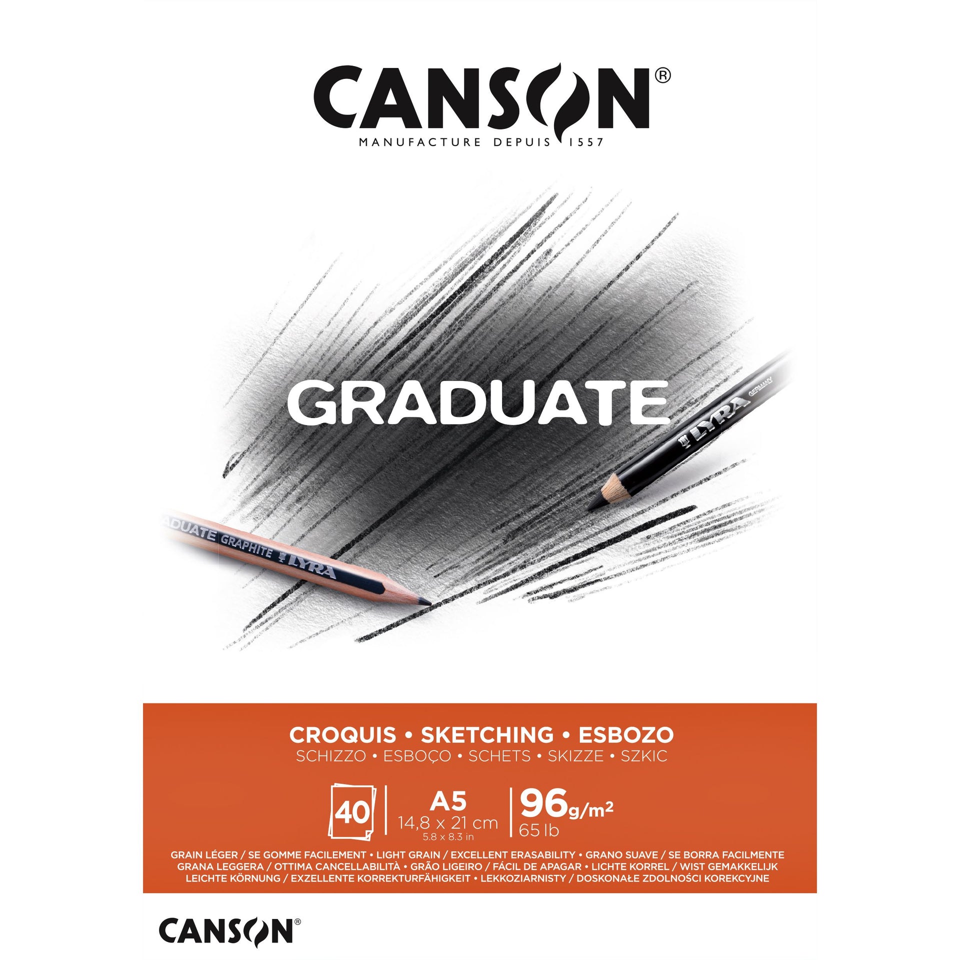 Canson - Papel boceto Graduate Sketch 40 hojas 96gr A5 blanco natural | 5 piezas