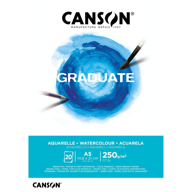 Canson - Carta per acquerello Graduate Acquerello 20 fogli 250gr A5 bianco naturale | 5 pezzi