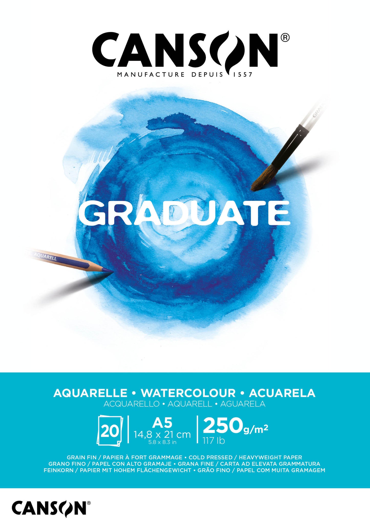 Canson - Carta per acquerello Graduate Acquerello 20 fogli 250gr A5 bianco naturale | 5 pezzi