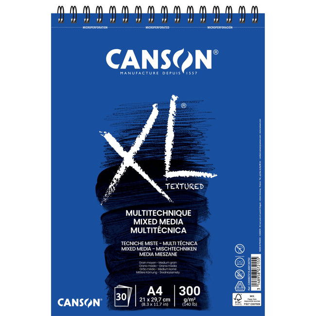 Canson - Carta Mixed Media XL Textured Mixed Media 30 fogli 300gr A4 bianco | 5 pezzi