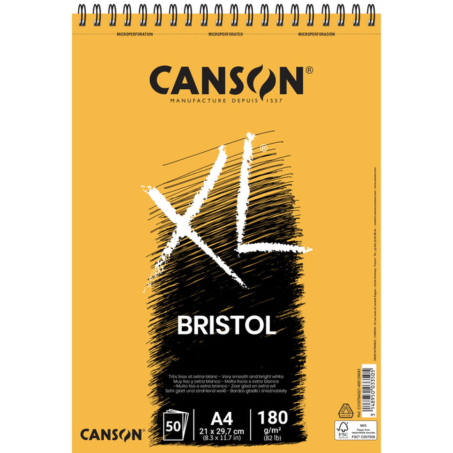 Canson - Carta Bristol XL Bristol 50 fogli 180gr A4 extra bianco | 5 pezzi