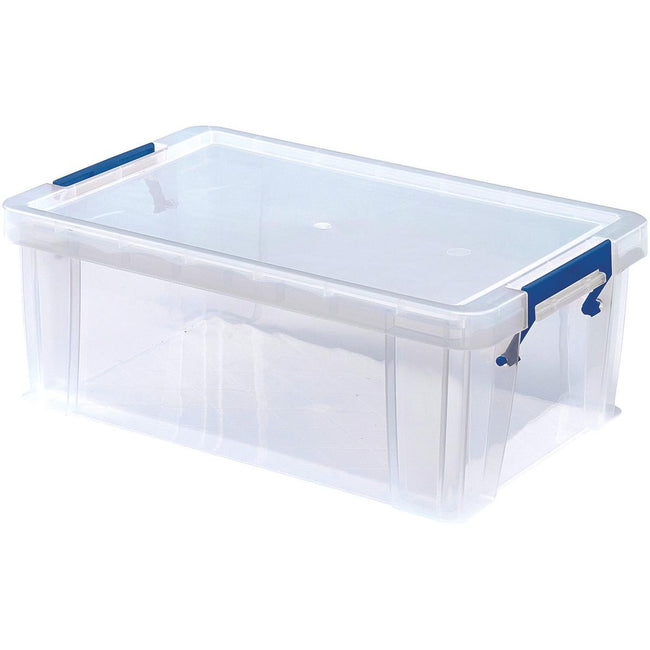 Bankers Box - Scatola portaoggetti 10 litri, trasparente con maniglie blu, set da 4 pezzi confezionati in cartone