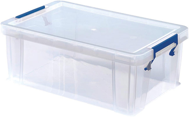 Banker Box - Storage Box 10 Liter, transparent mit blauen Griffen, Set von 4 in Karton gepackten Teilen