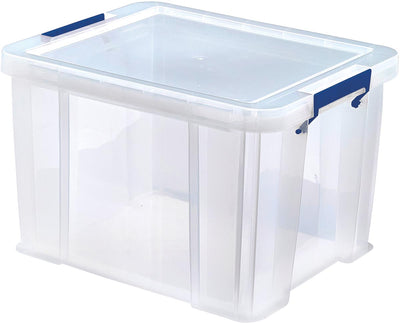 Bankers Box - boîte de rangement 36 litres, transparente avec poignées bleues, lot de 3 pièces emballées dans du carton