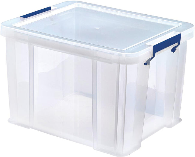 Banker Box - Storage Box 36 Liter, transparent mit blauen Griffen, 3 in Karton gepackte Teile