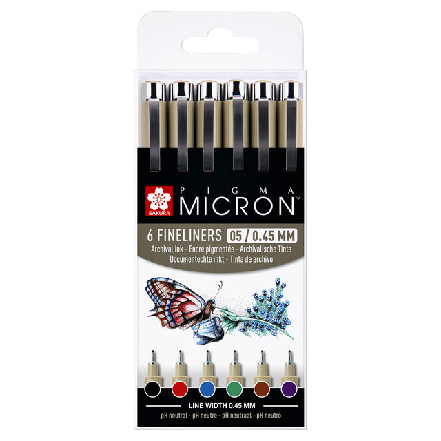 Sakura - Fineliner Pigma Micron 05 Basic 6 couleurs | Blister une pièce à 6 ans | 6 morceaux