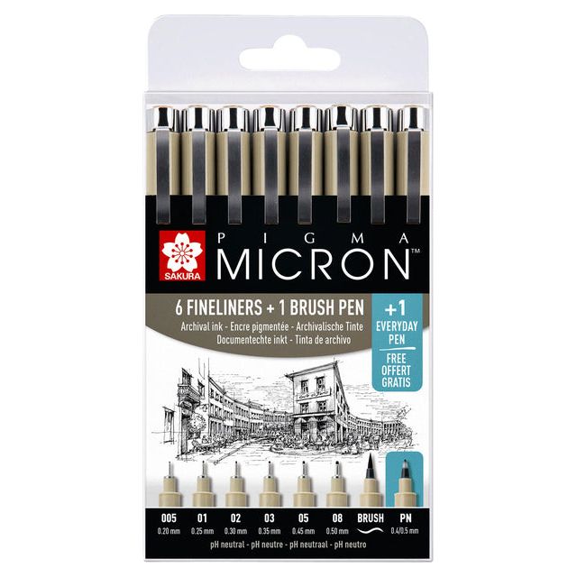 Sakura - Fineliner Brush Pigma Micron 7 + 1 PN | Blister un 8 pièces