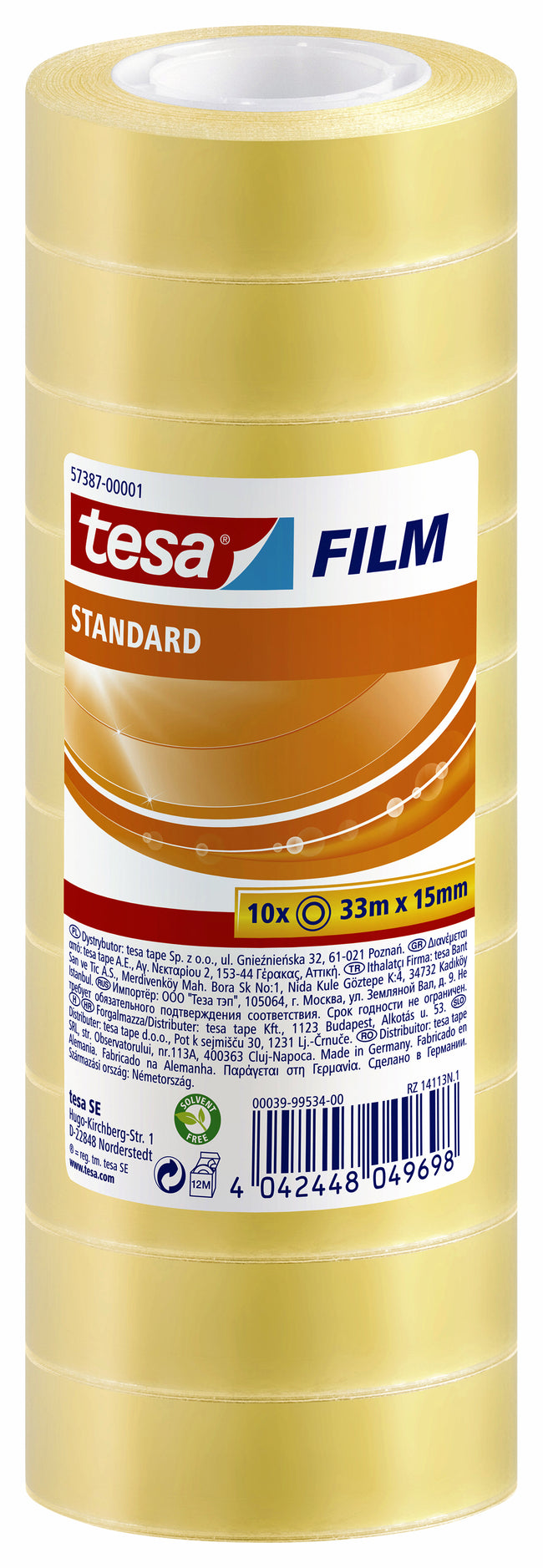 Tesa - Cinta adhesiva film® Standard 33mx15mm retráctil transparente 10 rollos