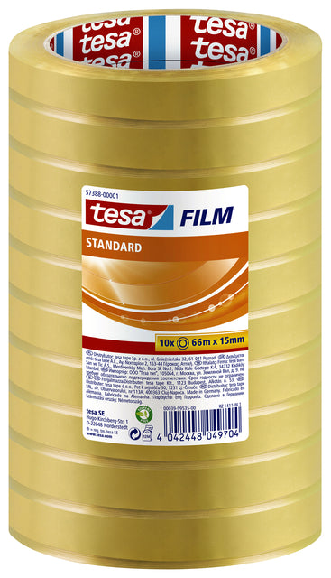 TESA - Film de bande d'emballage Standard 66mx15mm Transparent | Tour un rôle 10 10 morceaux