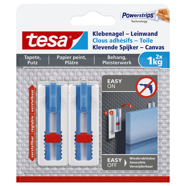 Tesa - Klevende Spijker Canvas, draagkracht 1 kg, behang en pleisterwerk, wit, 2 spijkers en 3 strips