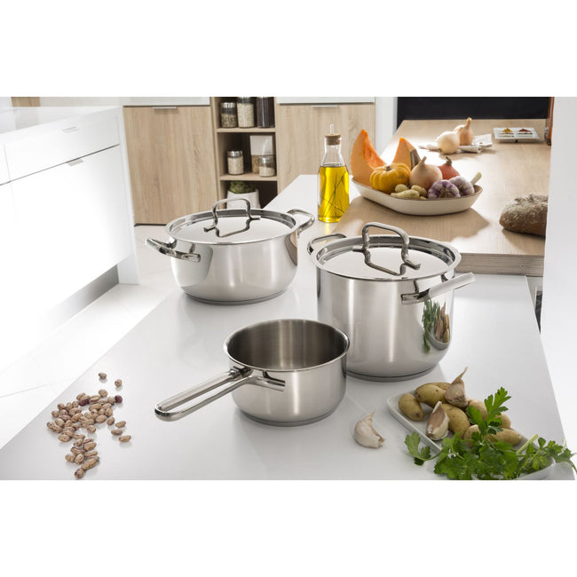 Lagostina -   7116001378 Sfisiosa Acciaio SFIZIOSA ACCIAIO 10-delig (hoge kookpan 22 cm + kookpan 18/22 cm + hapjespan 24 cm + steelpan 14 cm + melkpot 12 cm + deksels 14/18/22/24 cm)