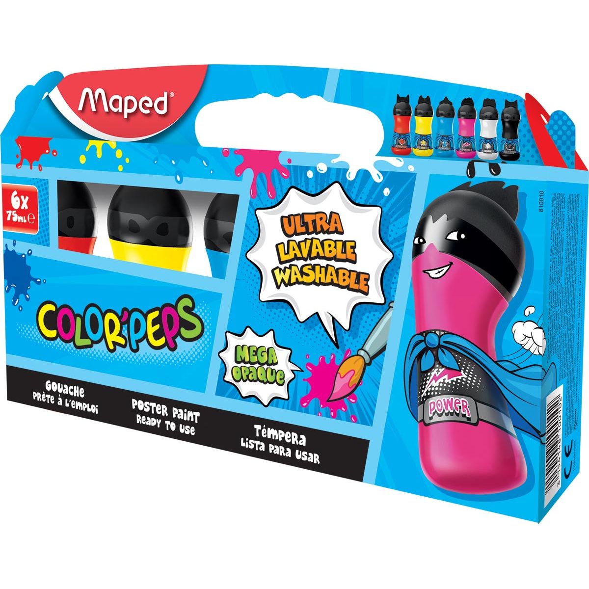 Maped - Guazzo Color'Peps, scatola pensile con 6 flaconi da 75 ml in colori primari assortiti