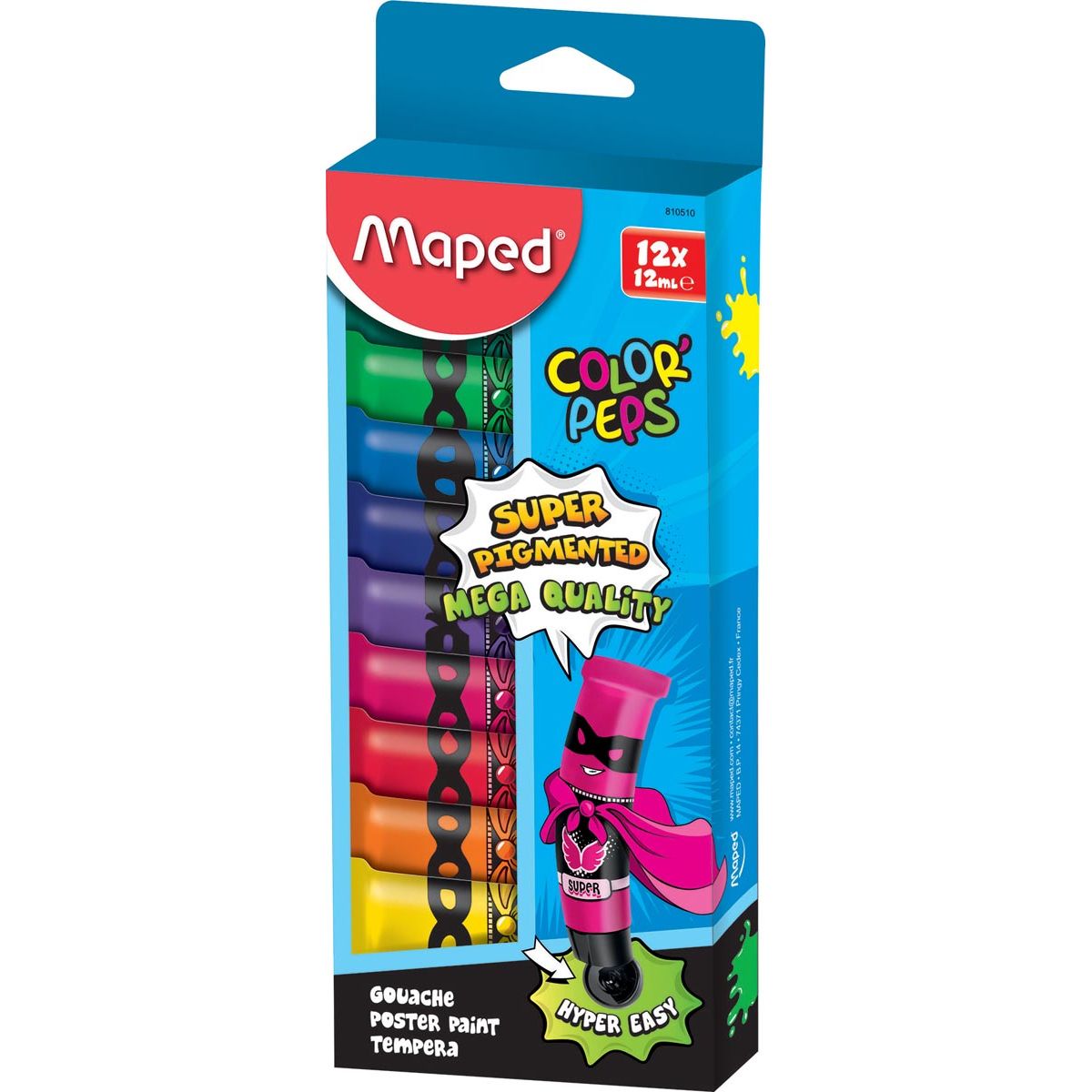Maped - Guazzo Color'Peps, tubi da 12 ml, scatola appendibile con 12 tubi in colori assortiti