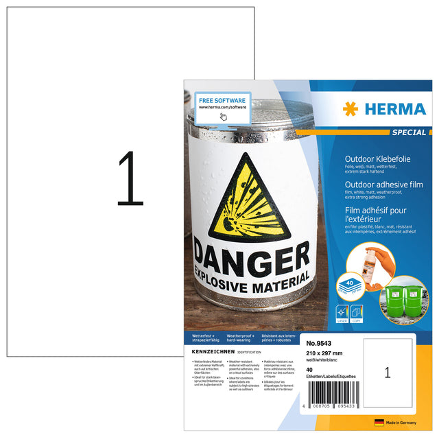 Herma - Label Herma 9543 210x297mm A4 Polyester 40st Weiß