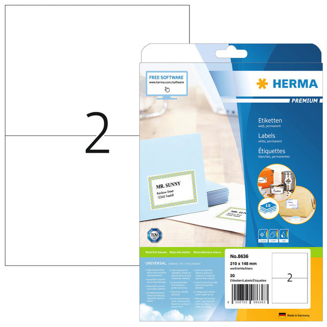 Herma - Herma 8636 210x148mm A4 Premium blanc 20 pièces | Blister une feuille de 10 | 70 pièces