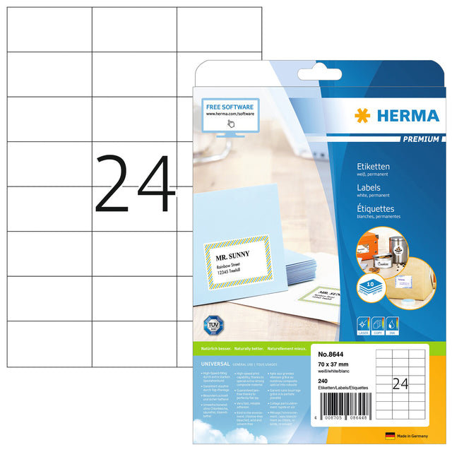 Herma - Herma 8644 70x37mm Premium blanc 240 pièces | Blister une feuille de 10 | 70 pièces