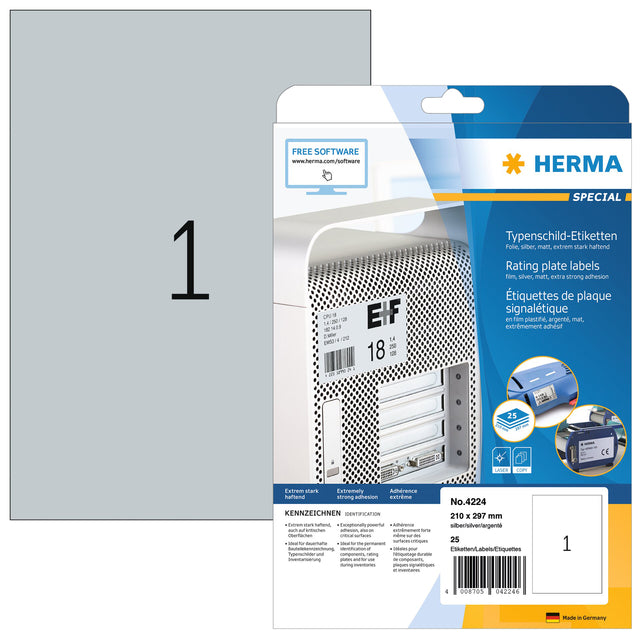 HERMA - Etiqueta 4224 210x297mm resistente a la intemperie plata 25 piezas