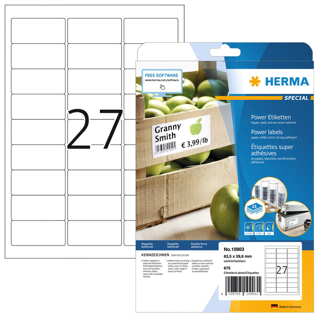 Herma - Herma Power 10903 Étiquette 63.5x29,6 mm blanc 675 pièces | Blister une feuille de 25 | 32 pièces