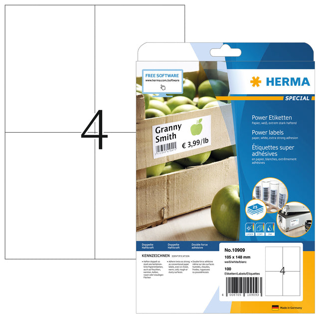 Herma - Herma Power 10909 105x148mm blanc 100 pièces Blister une feuille de 25 | 32 pièces