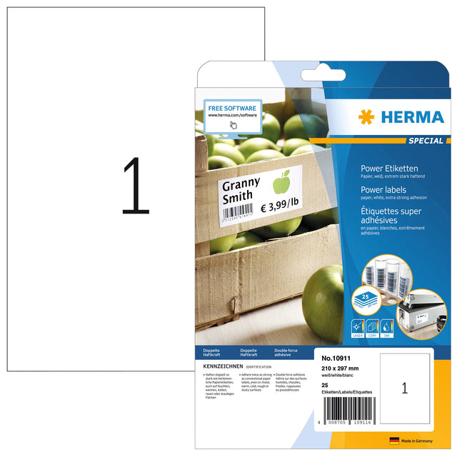 Herma - Herma Power 10911 210x297mm Label blanc 25 pièces | Blister une feuille de 25