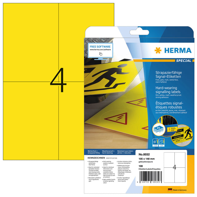 Herma - Herma 8032 105x148mm Étiquette 100st Foil jaune | Blister une feuille de 25