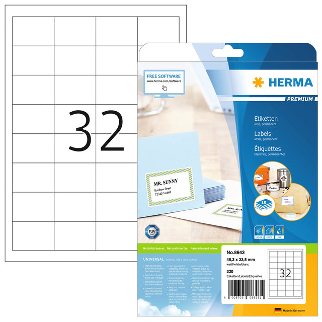 Herma - Herma 8643 Label 48.3x33.8 mm Premium White 320 Pieces | Blister une feuille de 10