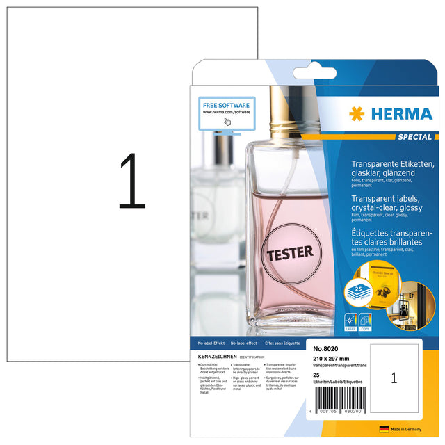 Herma - Étiquette Herma 8020 210x297mm 25e transparente | Blister une feuille de 25