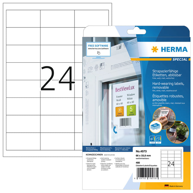 Herma - Herma 4573 66x33,8 mm 480st Foil blanc | Blister une feuille de 20