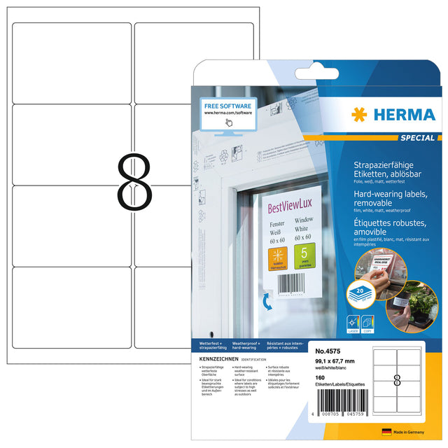 Herma - Herma 4575 Étiquette 99.1x67,7 mm 160st Foil White | Blister une feuille de 20