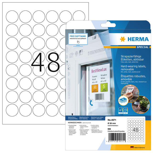 Herma - Herma 4571 Étiquette de 30 mm autour du papier d'aluminium 960 pièces blanches | Blister une feuille de 20