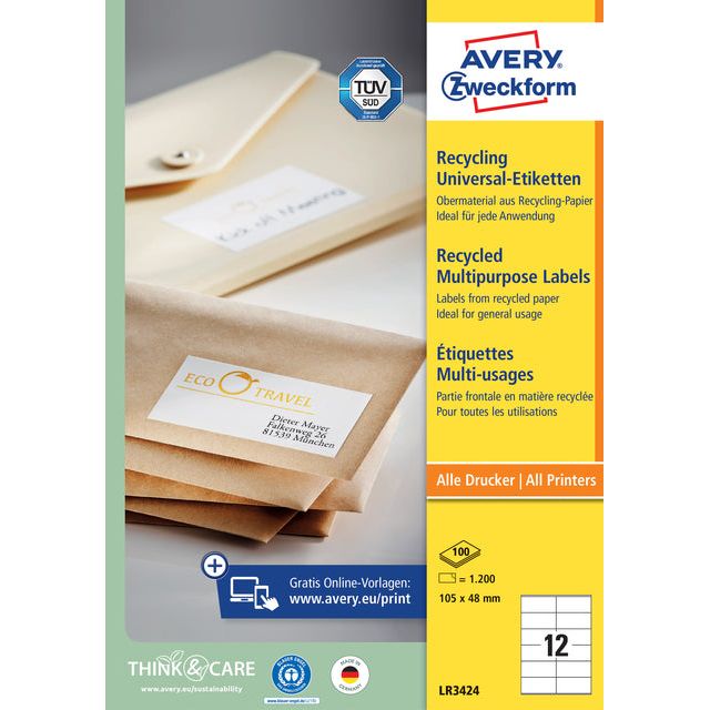 Avery Zweckform - Etikett Avery LR3424 105x48mm weiß 1200 Stücke | Box ein 100 Blatt