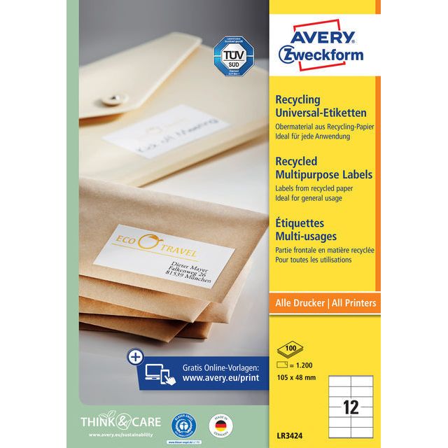 Avery Zweckform - Étiquettes universelles recyclées blanches ft 105 x 48 mm (B x H), 1 200 pièces, 12 par feuille