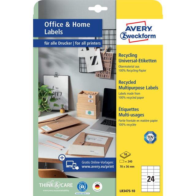 Avery Zweckform - Étiquette Zweckform LR3475 70x36mm blanc recyclé 2400 étiquettes | 5 pièces