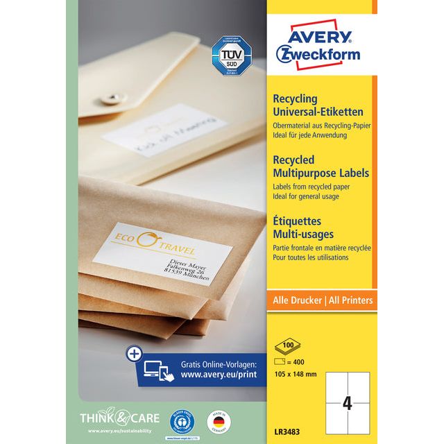 Avery Zweckform - Etikett Avery LR3483 105x148mm A6 White 400 Stücke | Box ein 100 Blatt