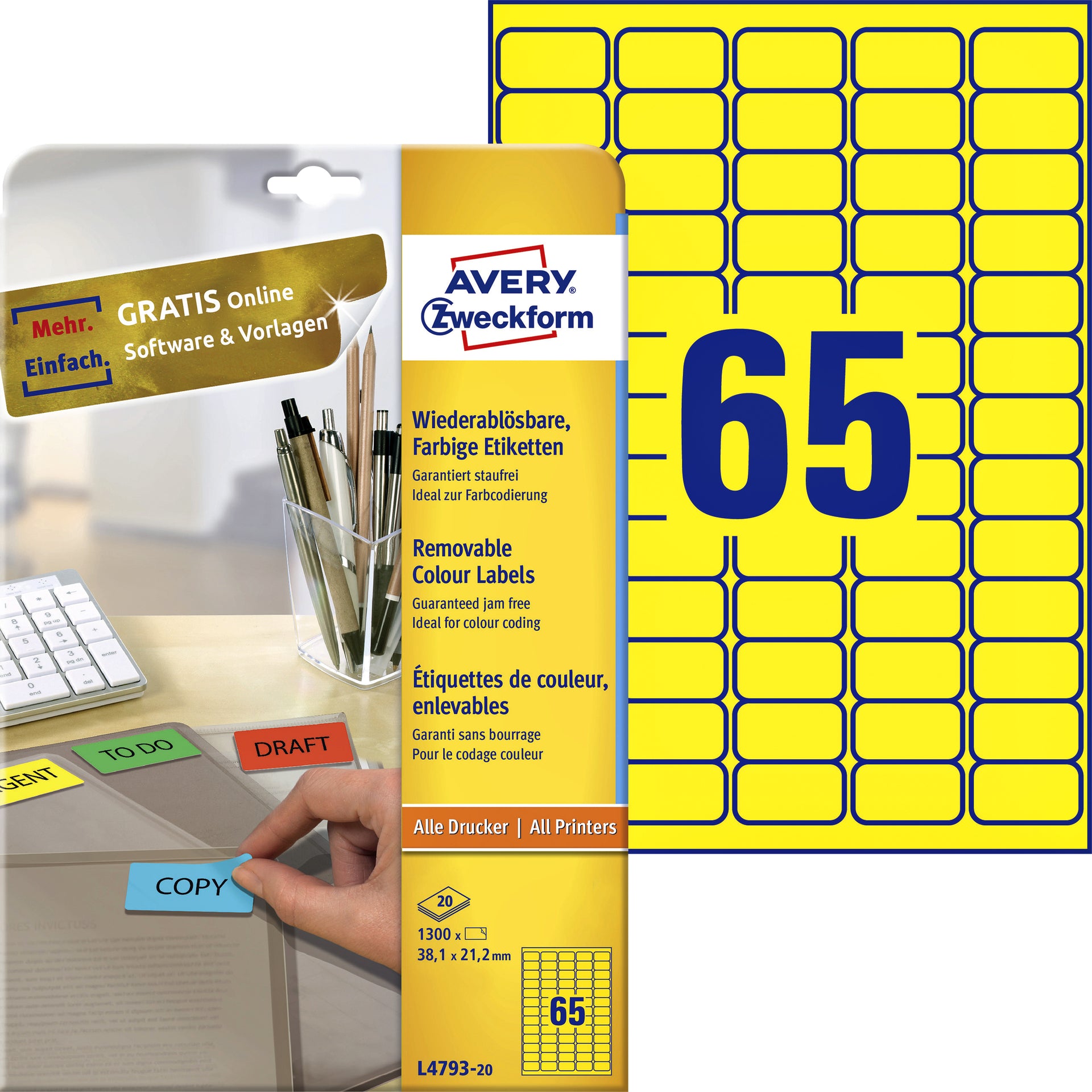 Avery Zweckform -  Etiket avery l4793-20 38.1x21.2mm geel 1300st