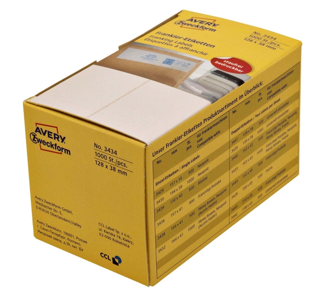 Avery Zweckform - Franking -Etikett AZ 3434 128 X38mm 1000 Stücke | Box ein 1000 -Etikett