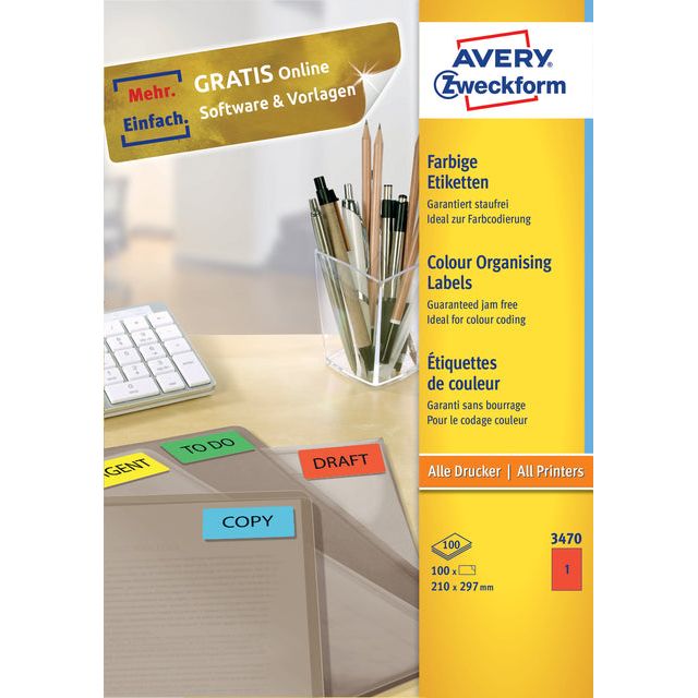 Avery Zweckform - Label AZ 3470 210x297mm A4 Red 100 pièces | Box A 100 feuilles | 5 pièces