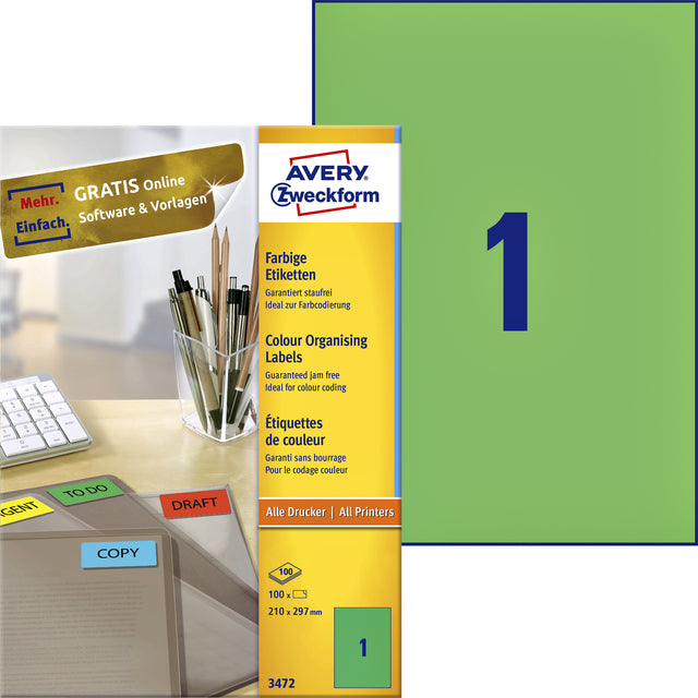 Avery Zweckform - Label AZ 3472 210x297mm A4 Green 100 pièces | Box A 100 feuilles | 5 pièces