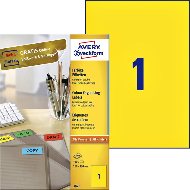 Avery Zweckform - Etikett AZ 3473 210x297mm A4 Yellow 100 Stücke | Box ein 100 Blatt