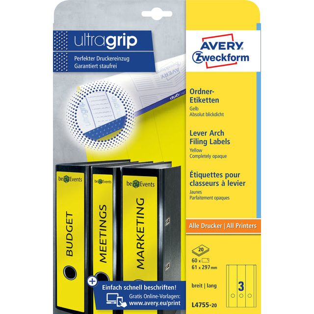 Avery Zweckform - Teppichetikett Avery breit/lang 61x297mm Zk Yellow | 20 Blätter Packung