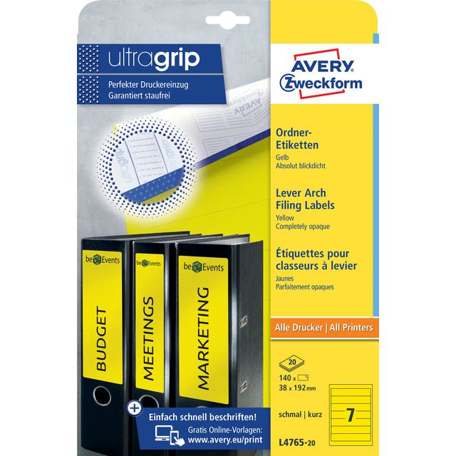 Avery Zweckform - Étiquette de tapis Avery étroite 38x192mm auto-adhésif jaune | Pack de 20 feuilles