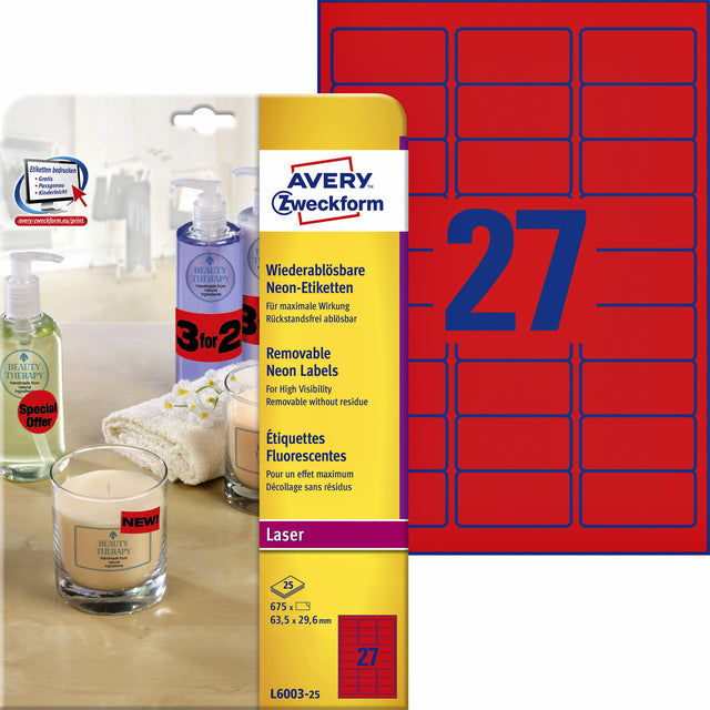 Avery - Label Avery L6003-25 63.5x29.6 Red 675 Pieces | Box une feuille de 25