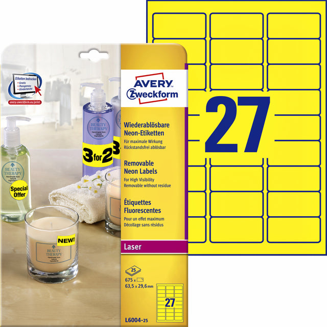 Avery - afneembare neon etiketten ft 63,5 x 29,6 mm (b x h), doos van 675 stuks (25 vel van 27), neongeel