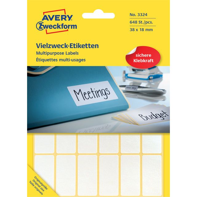 Avery Zweckform - Label AZ 3324 38x18mm blanc 648 pièces | Pack de 27 feuilles