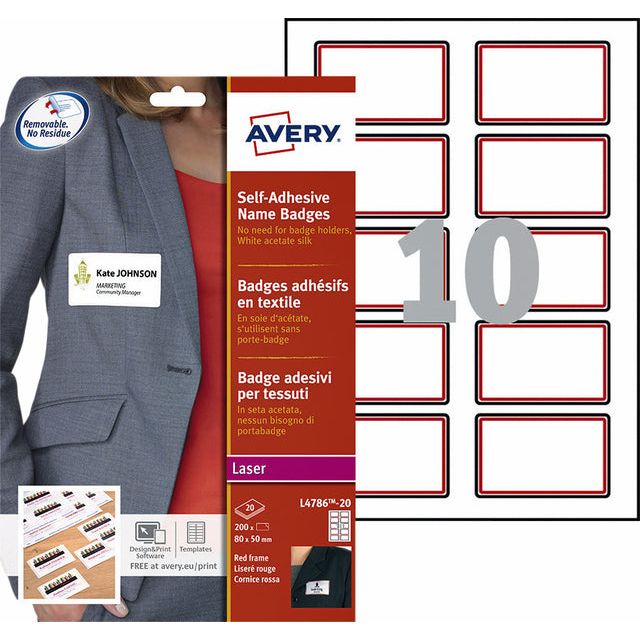 Avery - étiquette de badge de nom Avery L4786-20 80x50mm 200st Rd | Box a 20 feuille