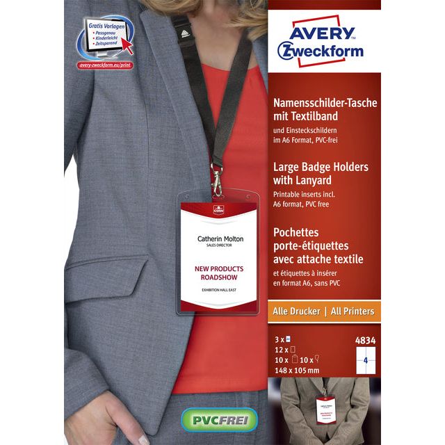 Avery - grote badge met lanyard zwart, inclusief inserts, doos van 10 stuks