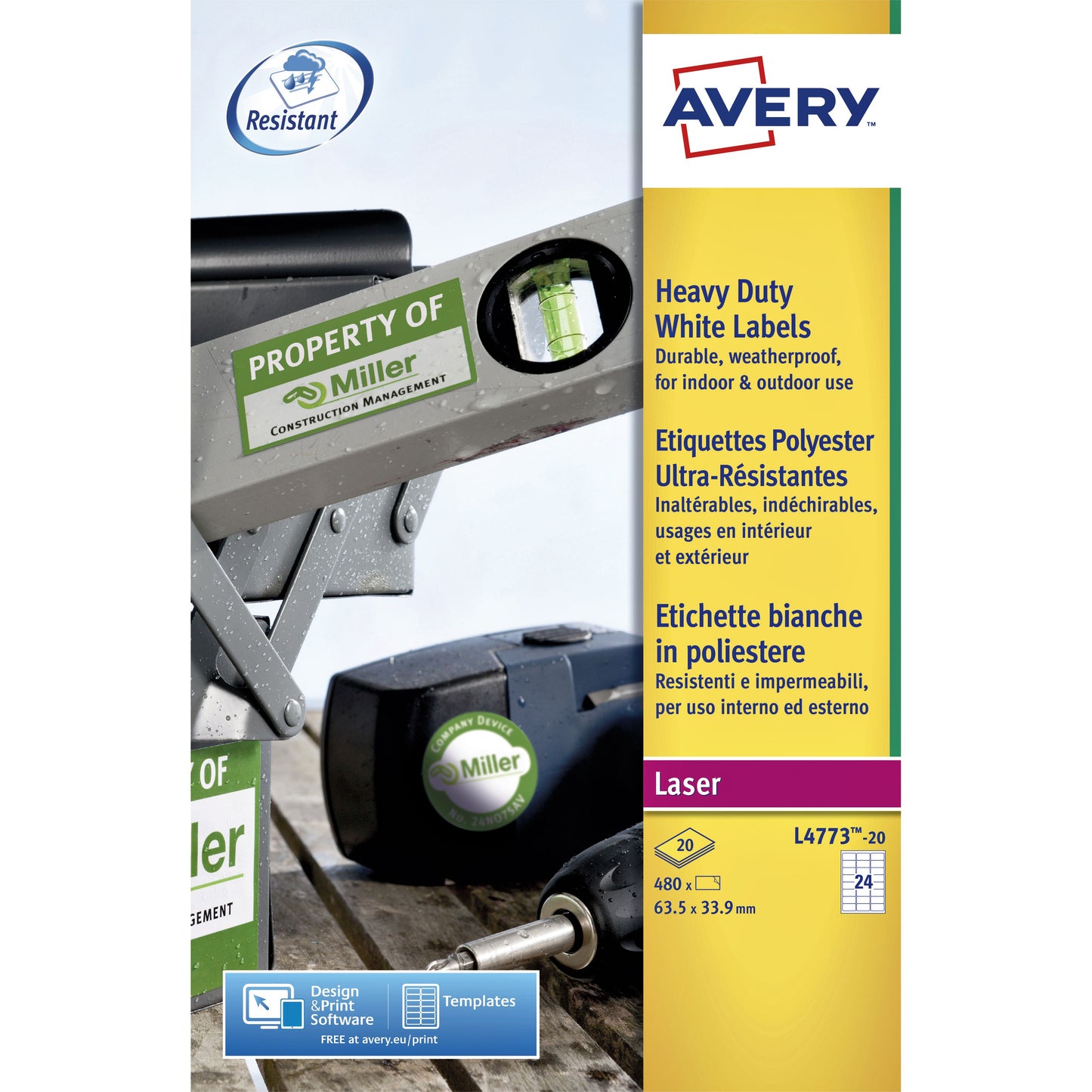 Avery -  Etiket L4773-20 63.5x33.9mm polyester wit 480 etiketten